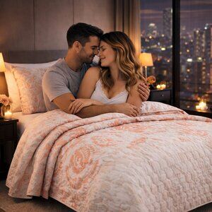 Reversible 3 Piece Quilted Bedspread Set Light Red & White print